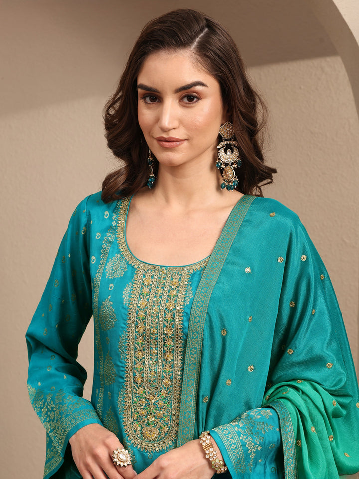 Blue Embroidered Silk Blend Straight Suit Set With Dupatta