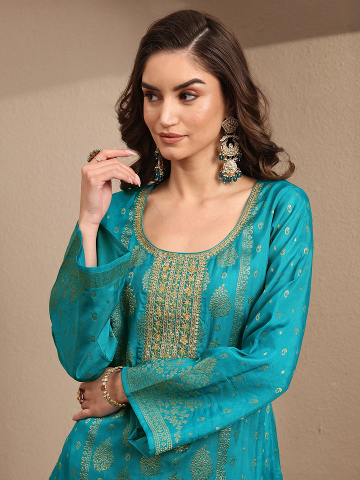 Blue Embroidered Silk Blend Straight Suit Set With Dupatta
