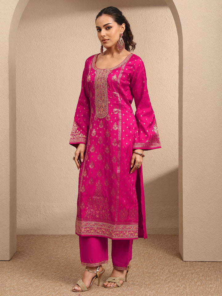 Pink Embroidered Silk Blend Straight Suit Set With Dupatta