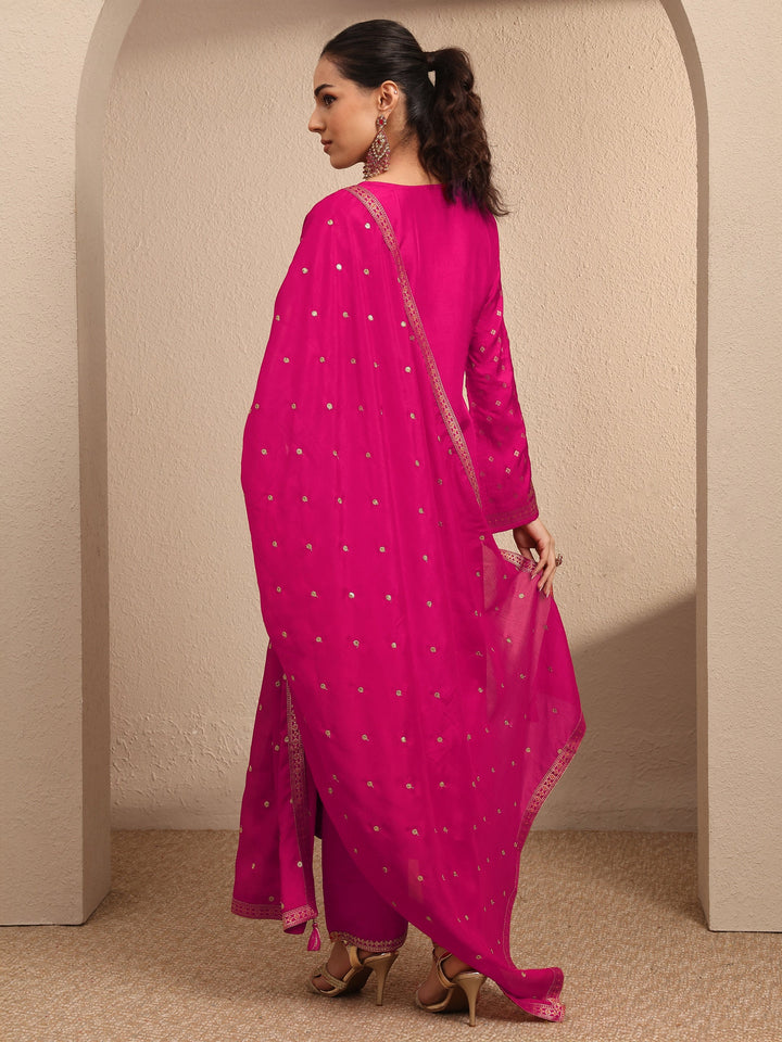 Pink Embroidered Silk Blend Straight Suit Set With Dupatta
