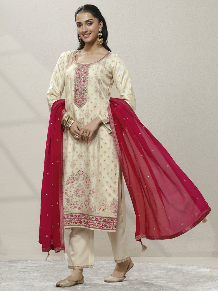 Off White Embroidered Silk blend Straight Suit Set With Dupatta