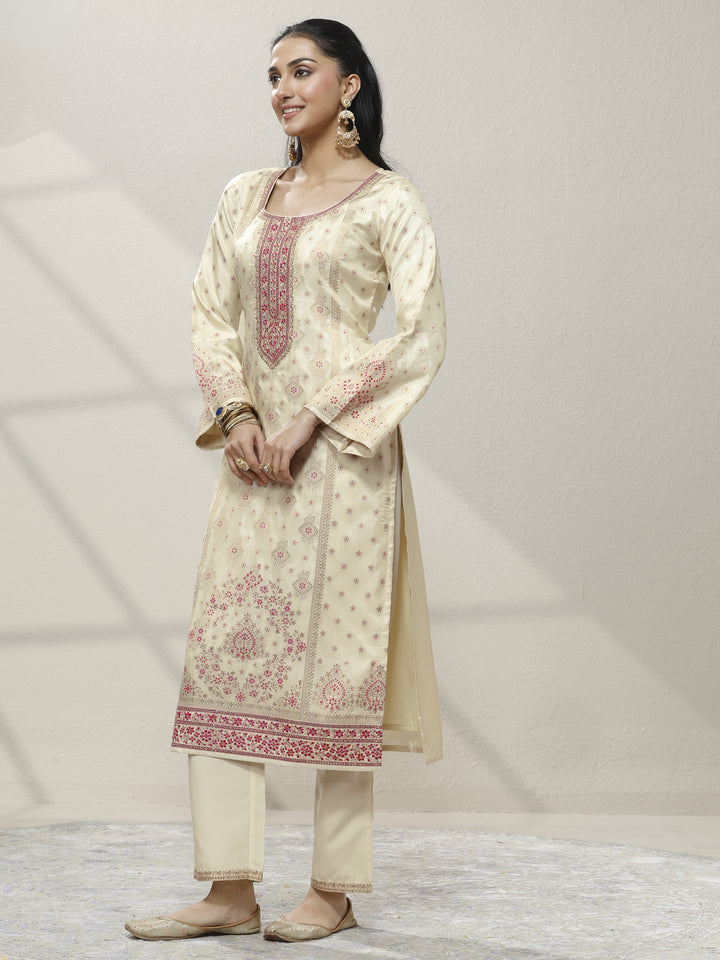 Off White Embroidered Silk blend Straight Suit Set With Dupatta