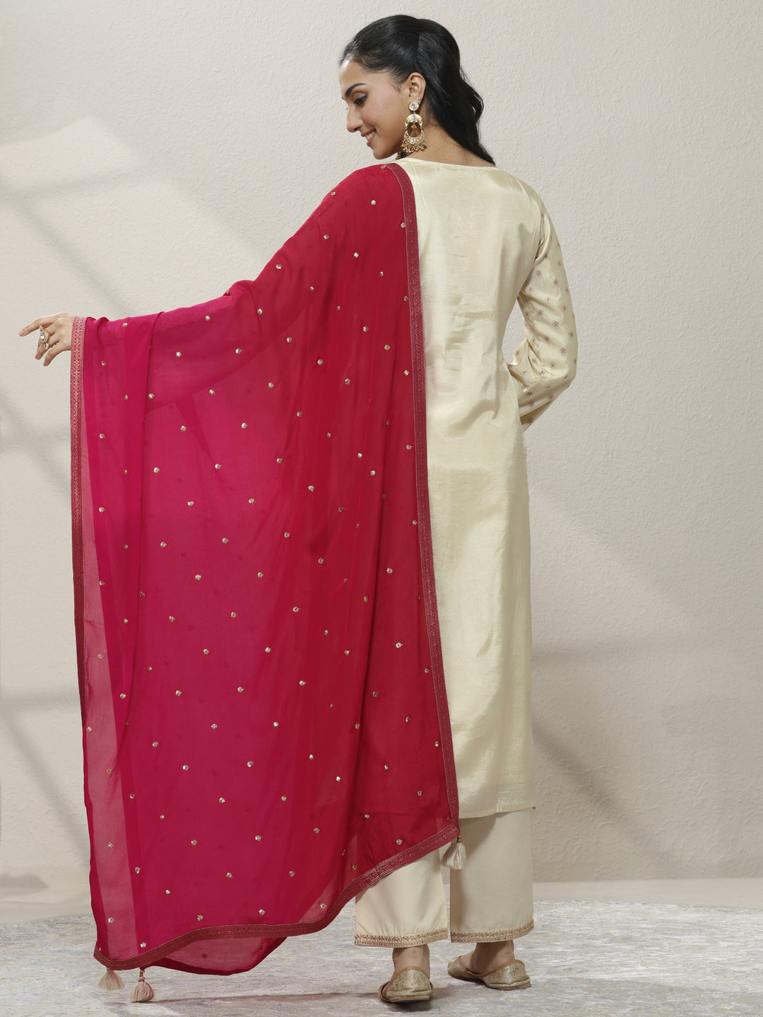 Off White Embroidered Silk blend Straight Suit Set With Dupatta