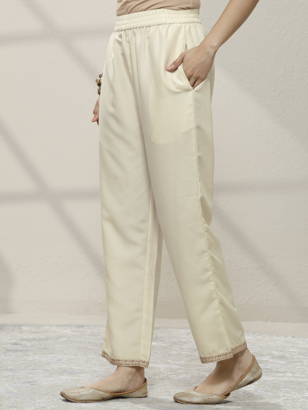 Off White Embroidered Silk blend Straight Suit Set With Dupatta