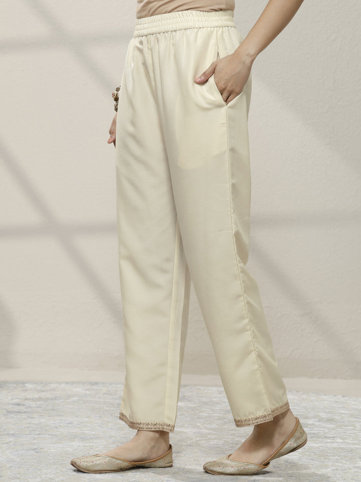 Off White Embroidered Silk blend Straight Suit Set With Dupatta