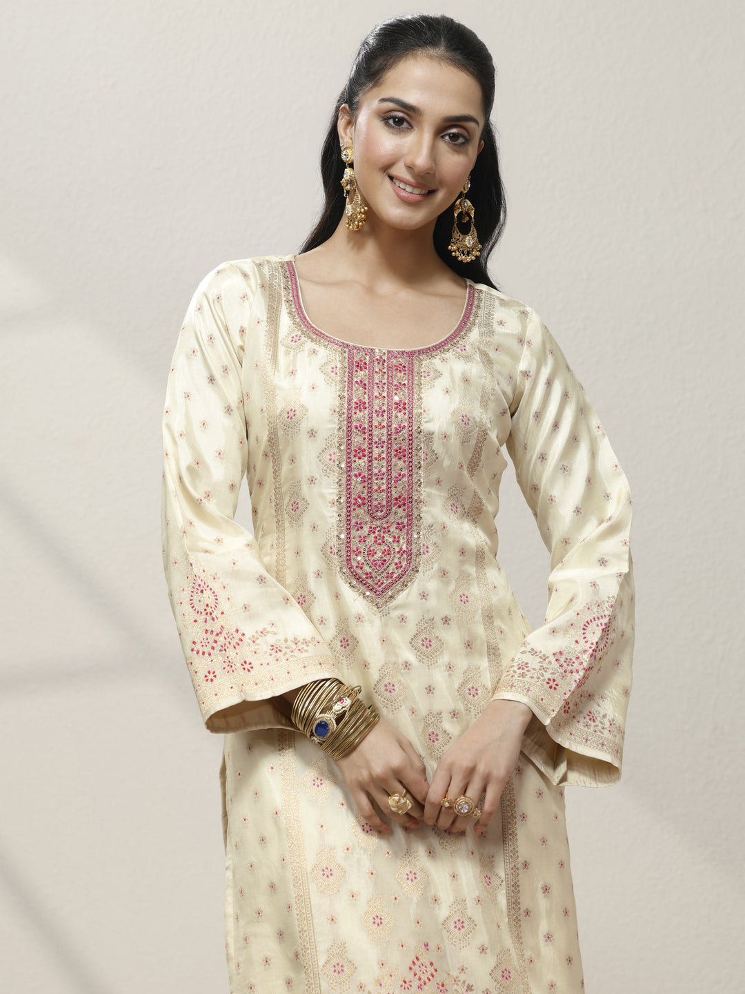 Off White Embroidered Silk blend Straight Suit Set With Dupatta