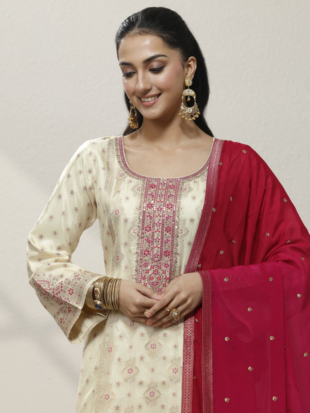 Off White Embroidered Silk blend Straight Suit Set With Dupatta