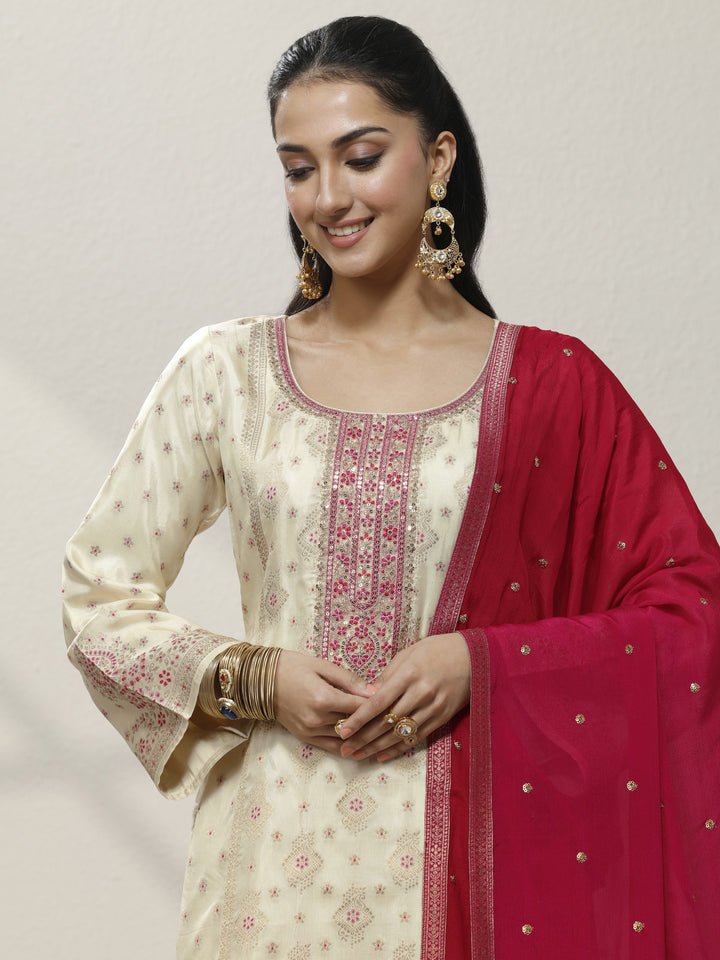 Off White Embroidered Silk blend Straight Suit Set With Dupatta