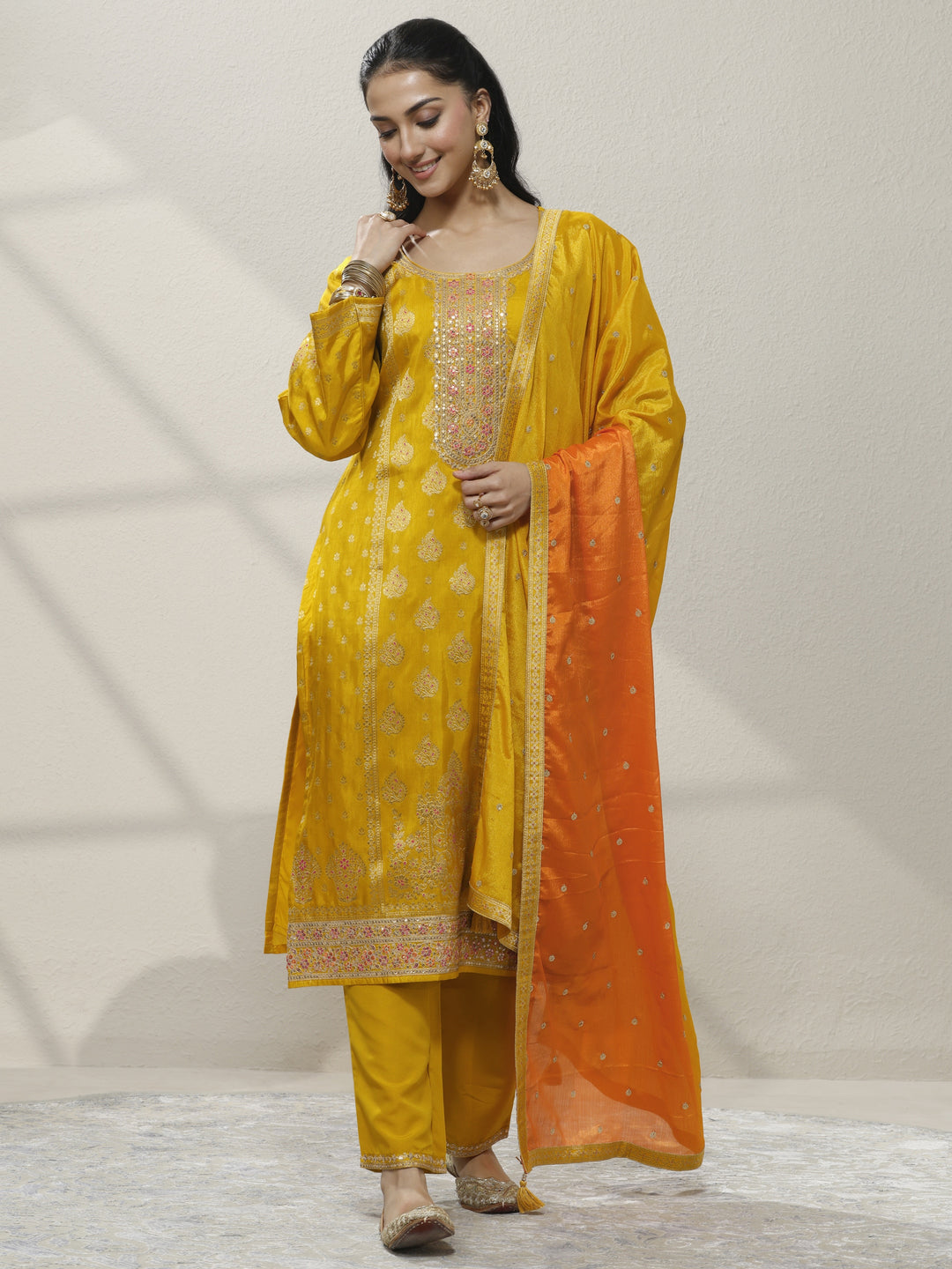 Mustard Embroidered Silk Blend Straight Suit Set With Dupatta