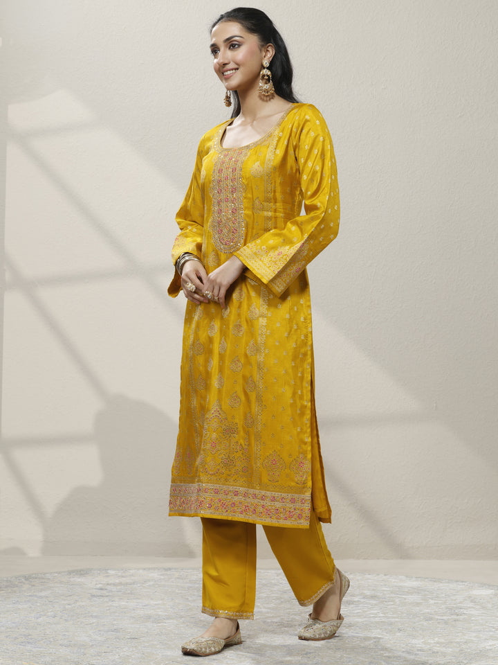 Mustard Embroidered Silk Blend Straight Suit Set With Dupatta