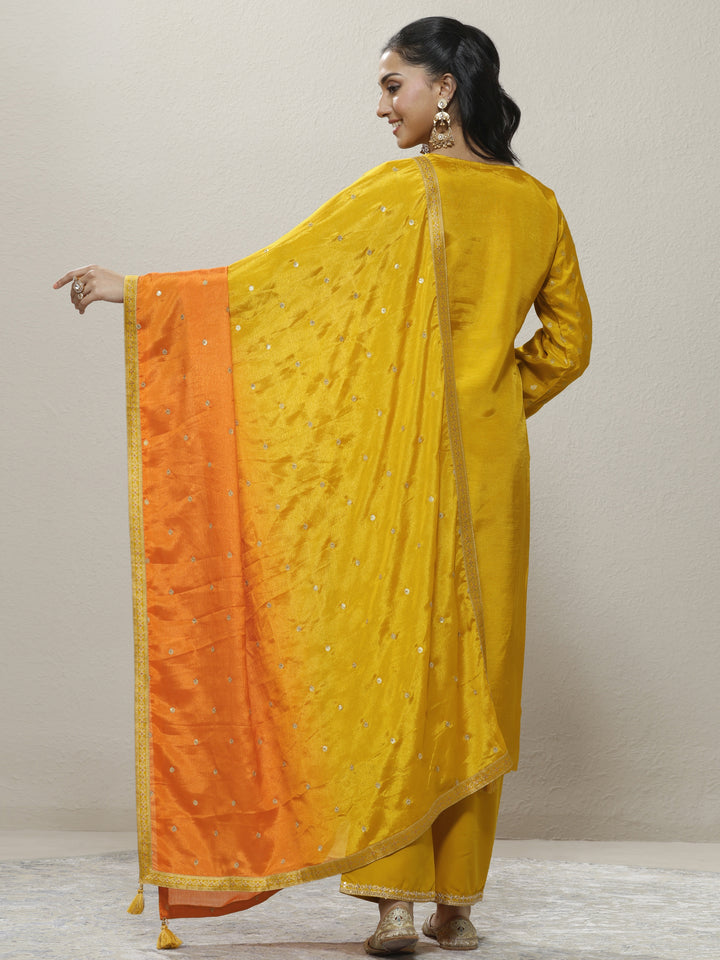 Mustard Embroidered Silk Blend Straight Suit Set With Dupatta