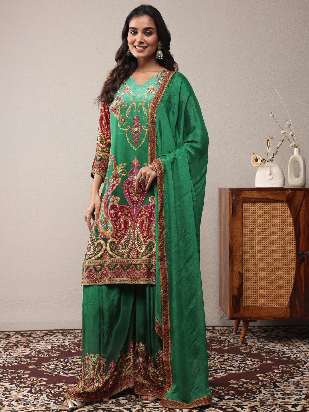 Libas Art Green Printed Silk Crepe Straight Suit Set With Dupatta