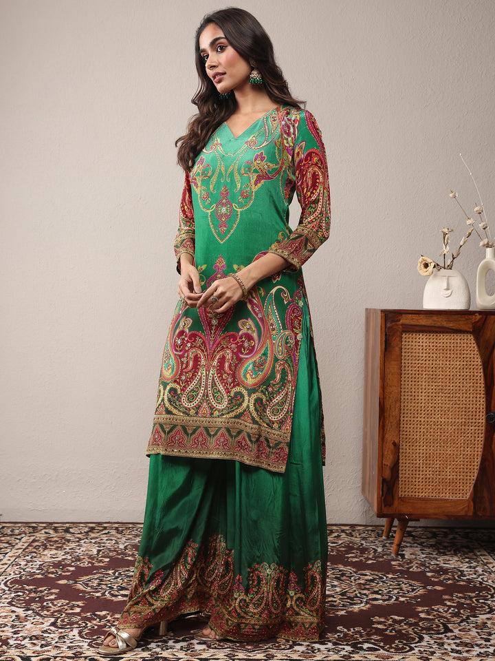 Libas Art Green Printed Silk Crepe Straight Suit Set With Dupatta