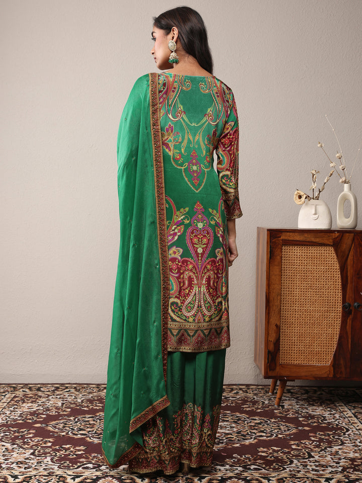 Libas Art Green Printed Silk Crepe Straight Suit Set With Dupatta