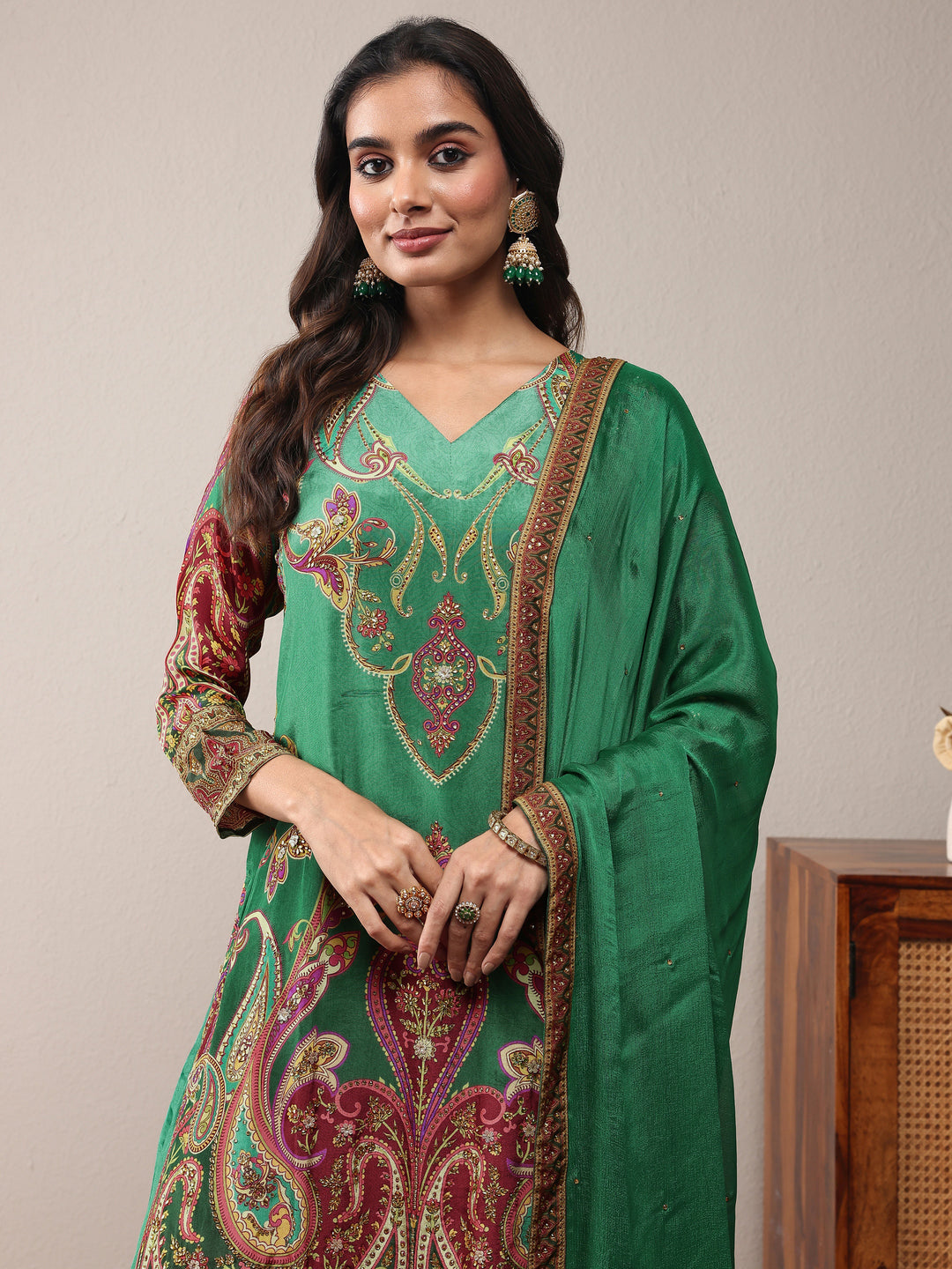 Libas Art Green Printed Silk Crepe Straight Suit Set With Dupatta