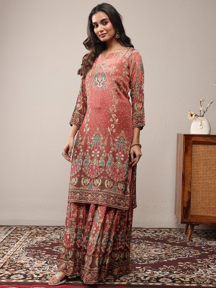 Libas Art Brown Printed Silk Crepe Straight Suit Set With Dupatta