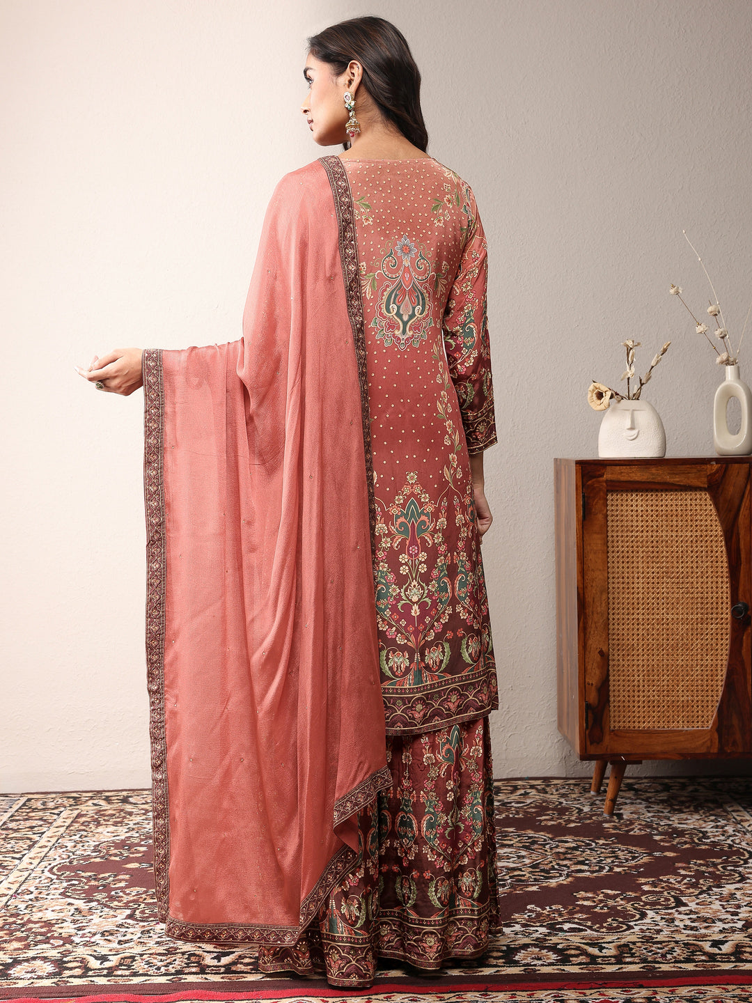 Libas Art Brown Printed Silk Crepe Straight Suit Set With Dupatta