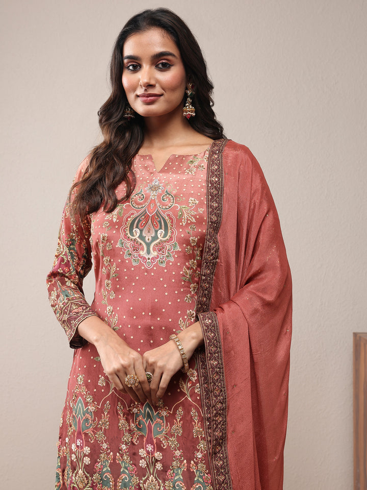 Libas Art Brown Printed Silk Crepe Straight Suit Set With Dupatta