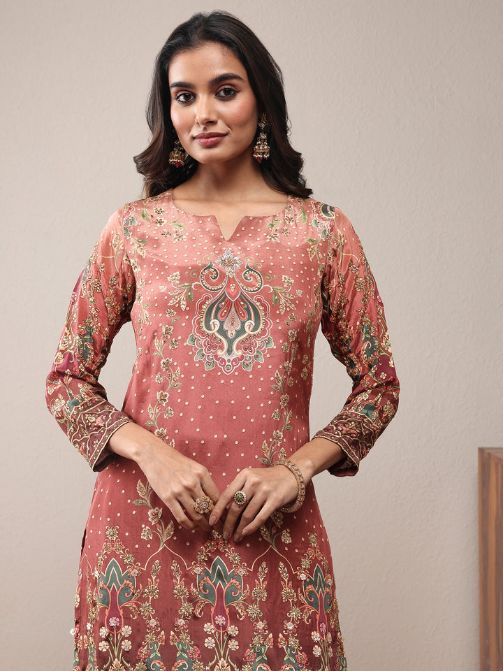 Libas Art Brown Printed Silk Crepe Straight Suit Set With Dupatta