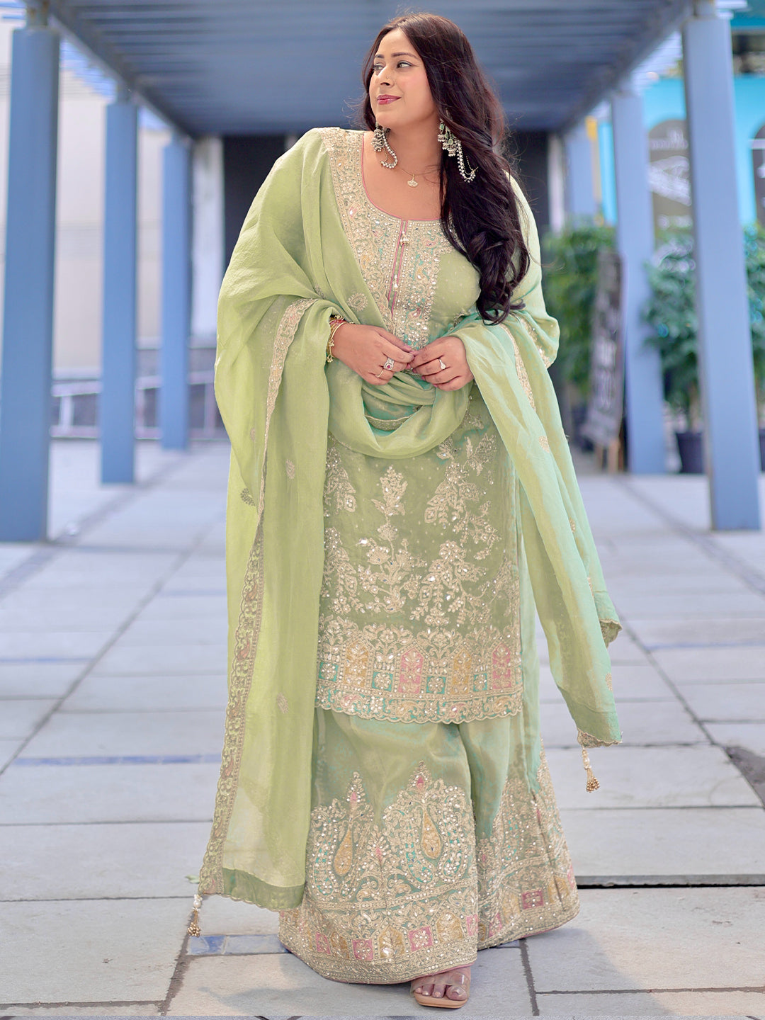 Libas Art Green Embroidered Silk Blend Straight Suit Set With Dupatta