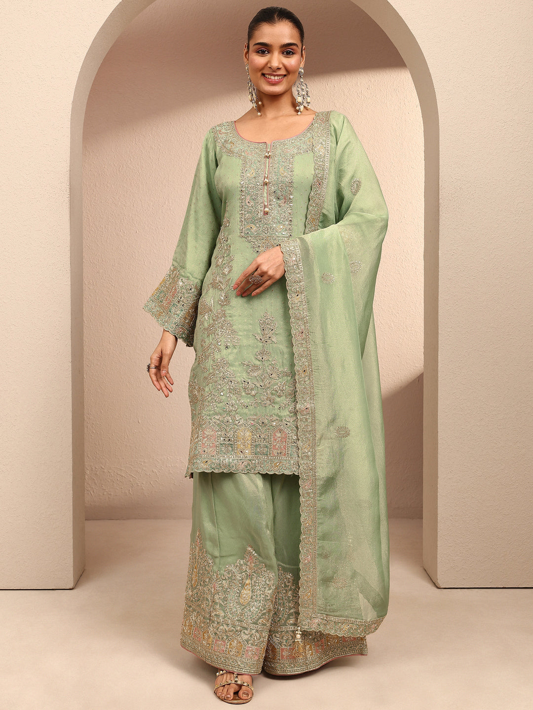Libas Art Green Embroidered Silk Blend Straight Suit Set With Dupatta