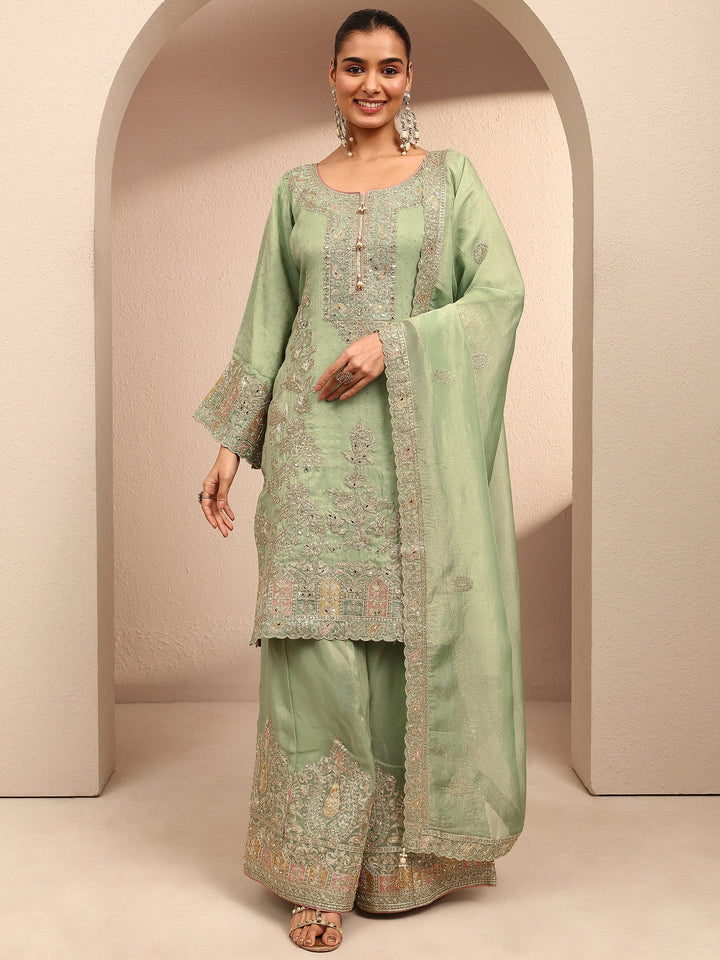 Libas Art Green Embroidered Silk Blend Straight Suit Set With Dupatta