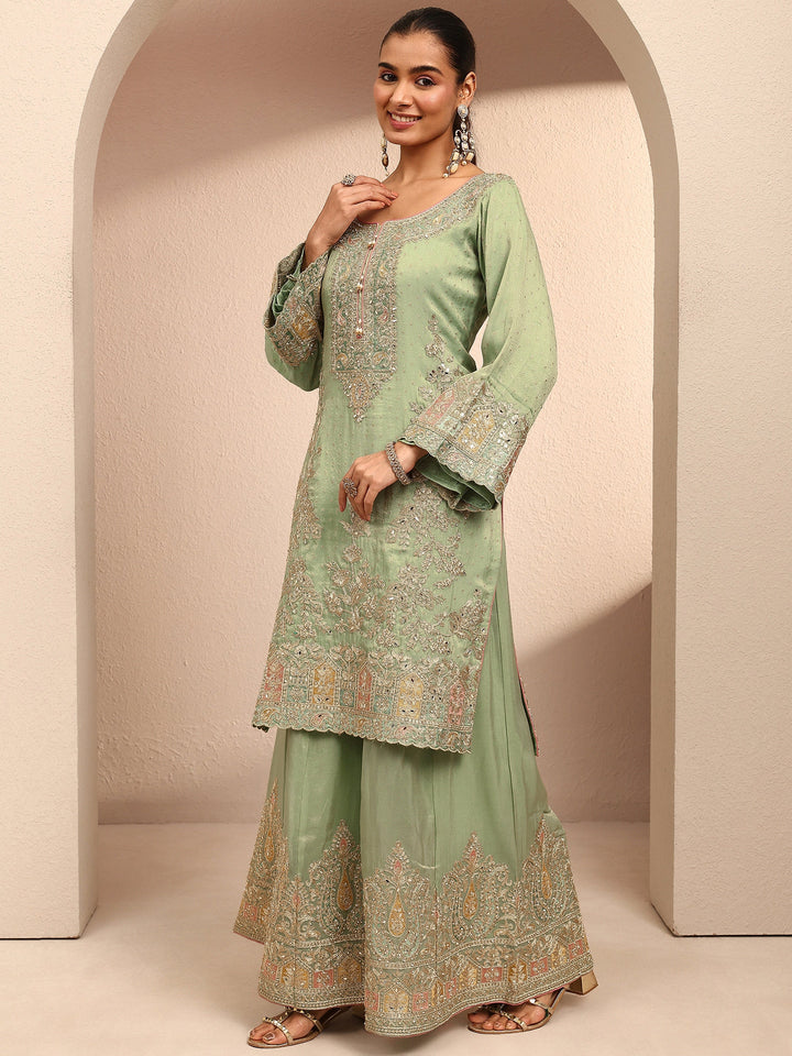 Libas Art Green Embroidered Silk Blend Straight Suit Set With Dupatta
