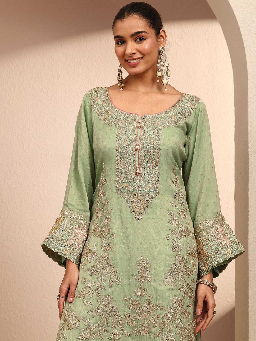 Libas Art Green Embroidered Silk Blend Straight Suit Set With Dupatta