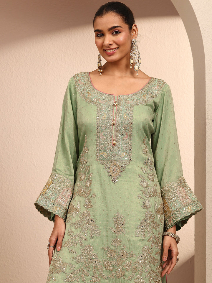 Libas Art Green Embroidered Silk Blend Straight Suit Set With Dupatta