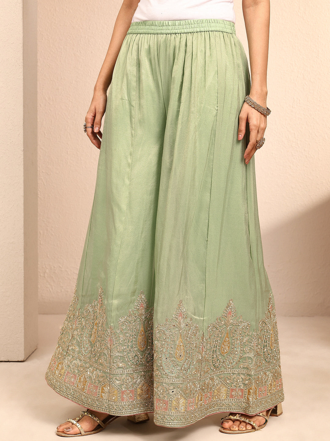 Libas Art Green Embroidered Silk Blend Straight Suit Set With Dupatta