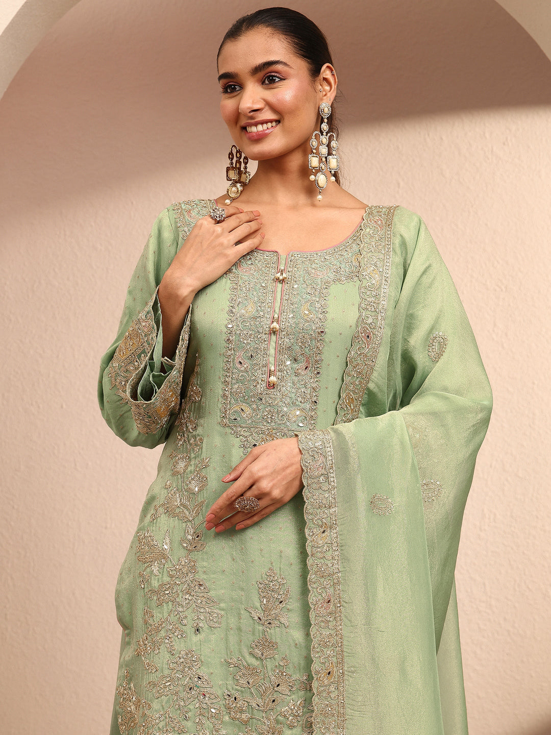 Libas Art Green Embroidered Silk Blend Straight Suit Set With Dupatta