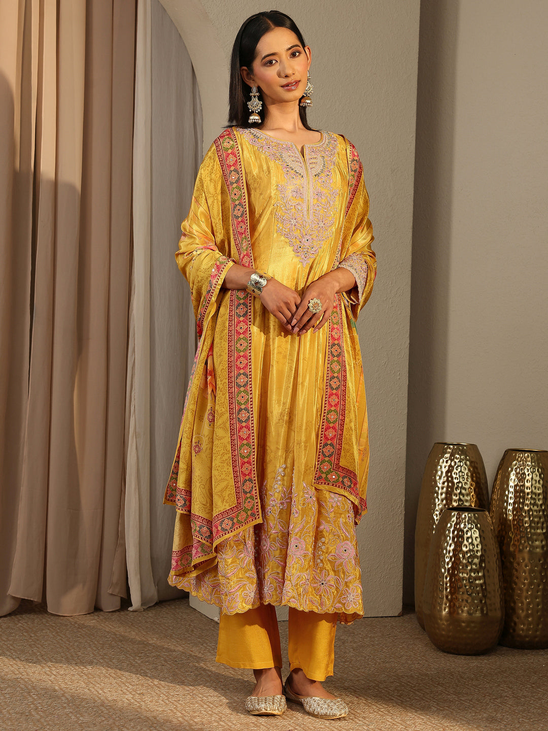 Libas Art Mustard Embroidered Crepe Anarkali Suit Set With Dupatta
