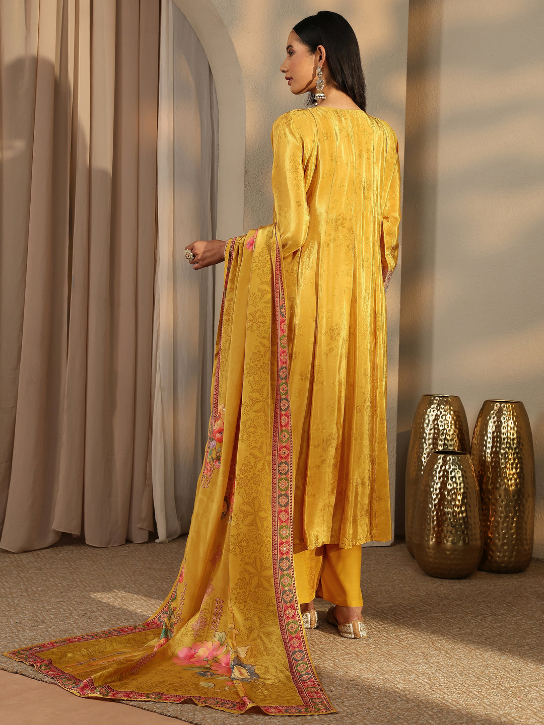 Libas Art Mustard Embroidered Crepe Anarkali Suit Set With Dupatta