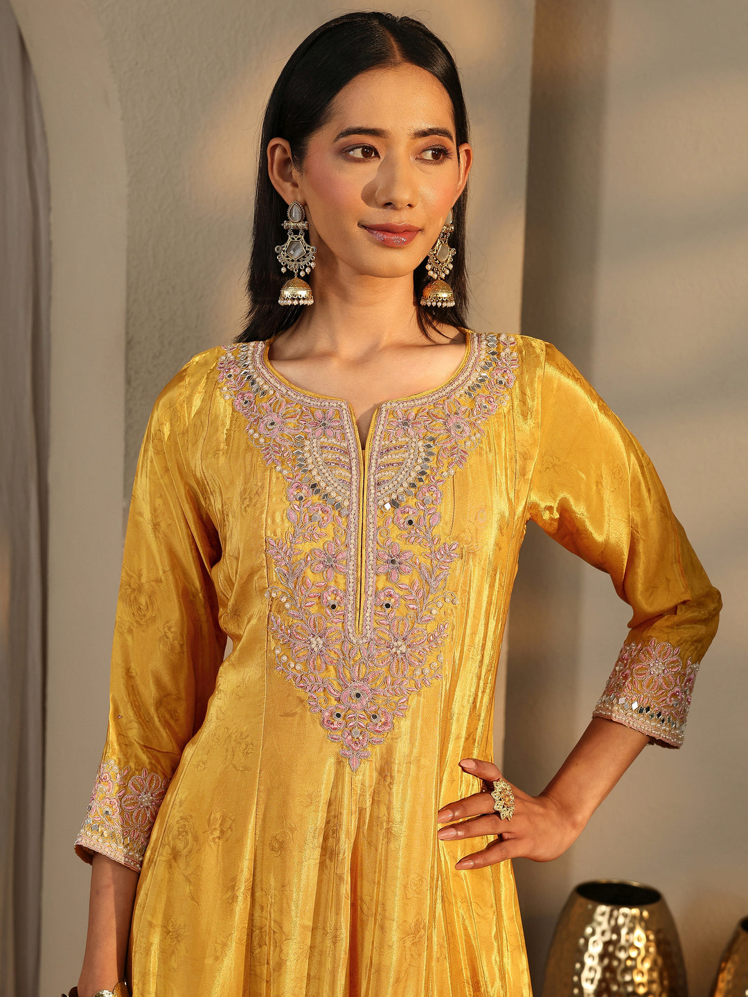 Libas Art Mustard Embroidered Crepe Anarkali Suit Set With Dupatta