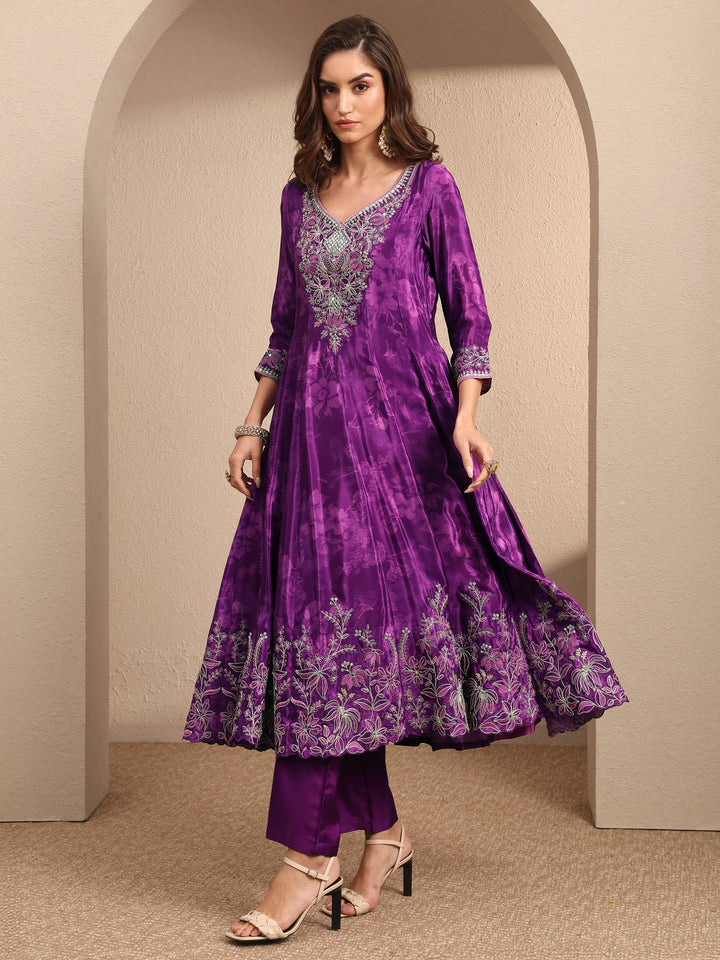 Libas Art Purple Embroidered Crepe Anarkali Suit Set With Dupatta