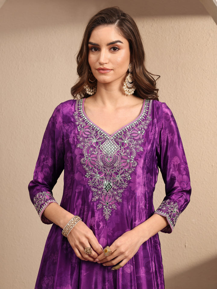 Libas Art Purple Embroidered Crepe Anarkali Suit Set With Dupatta