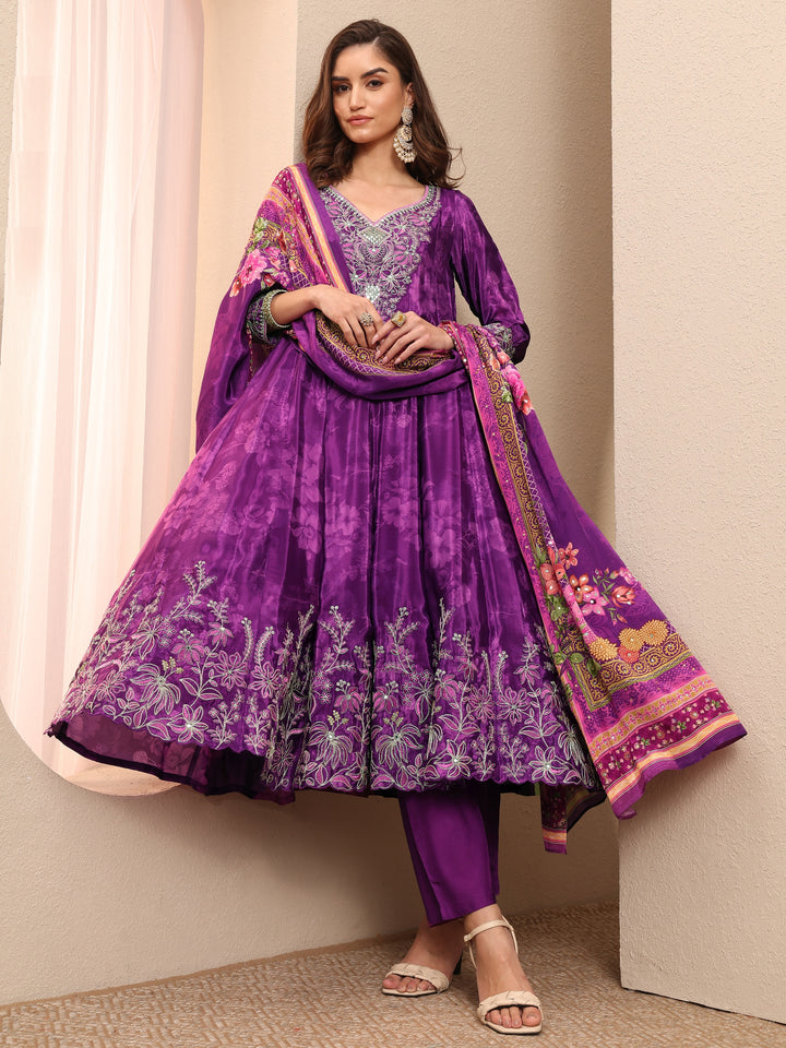 Libas Art Purple Embroidered Crepe Anarkali Suit Set With Dupatta