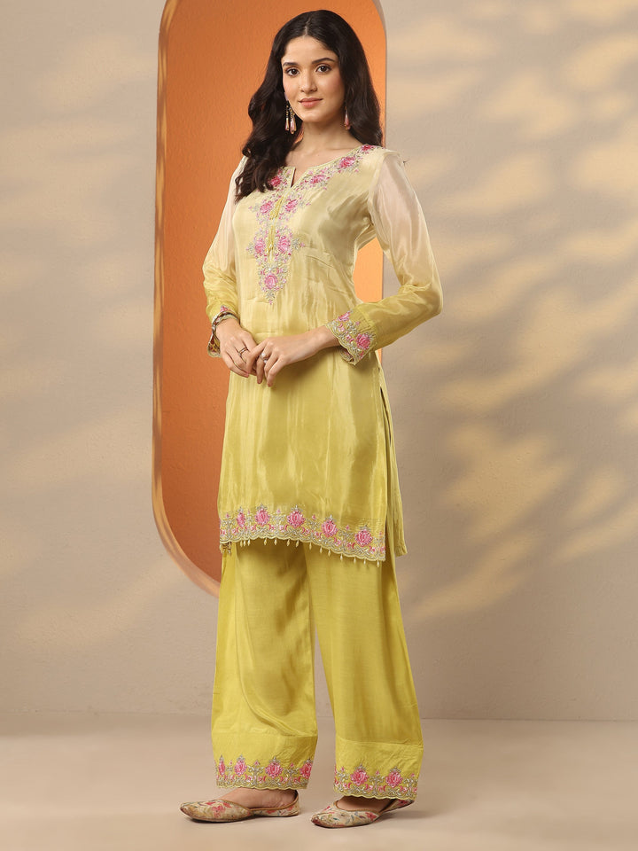 Yellow Embroidered Crepe Straight Suit Set With Dupatta
