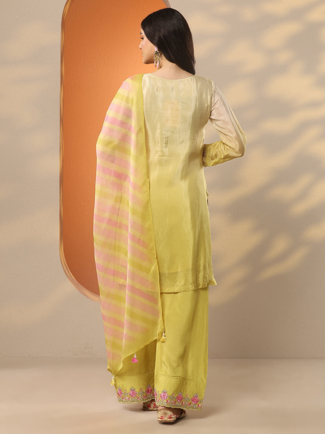 Yellow Embroidered Crepe Straight Suit Set With Dupatta