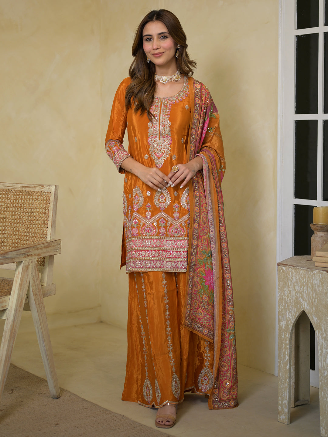 Libas Art Orange Embroidered Crepe Straight Suit Set With Dupatta