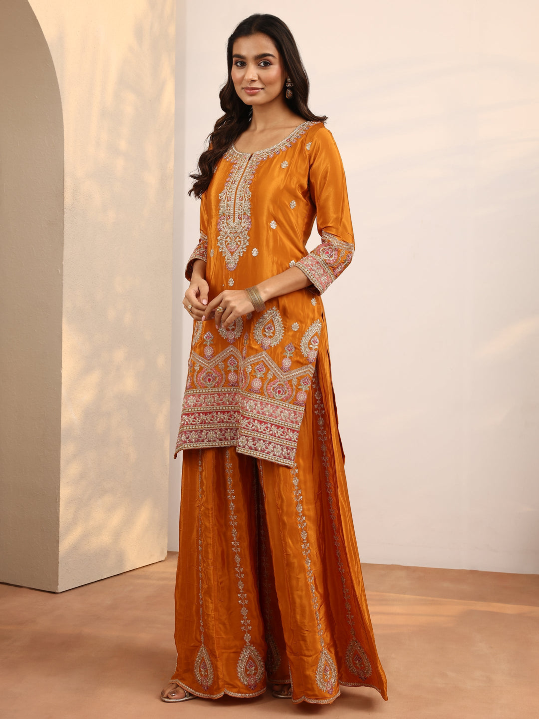 Libas Art Orange Embroidered Crepe Straight Suit Set With Dupatta