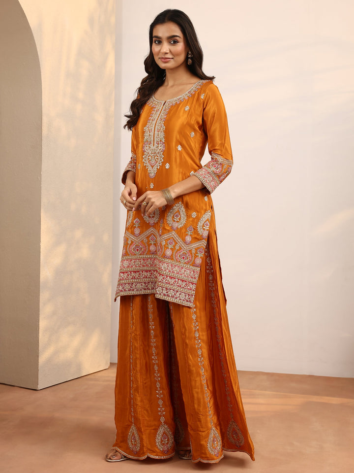 Libas Art Orange Embroidered Crepe Straight Suit Set With Dupatta