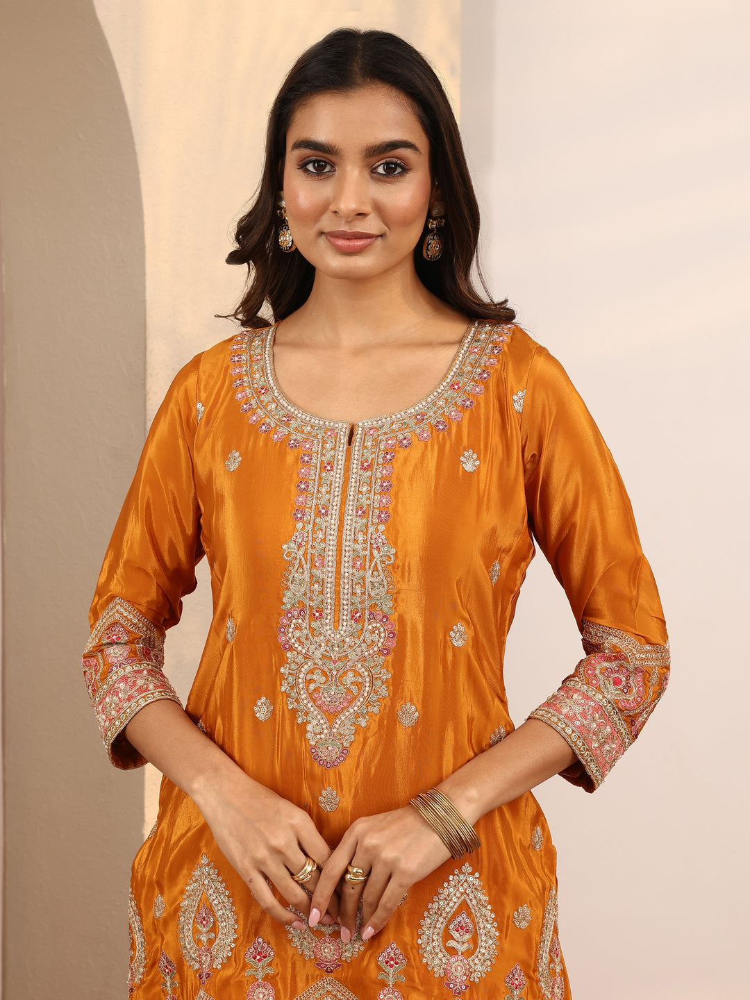 Libas Art Orange Embroidered Crepe Straight Suit Set With Dupatta