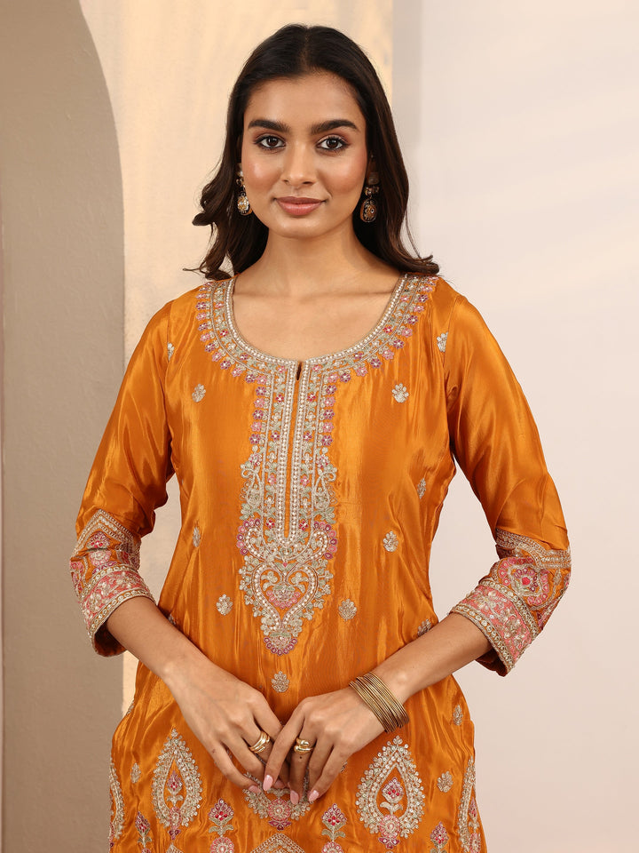 Libas Art Orange Embroidered Crepe Straight Suit Set With Dupatta
