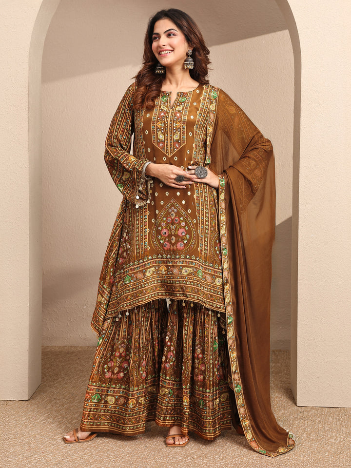 Brown Printed Crepe Straight Suit Set With Dupatta