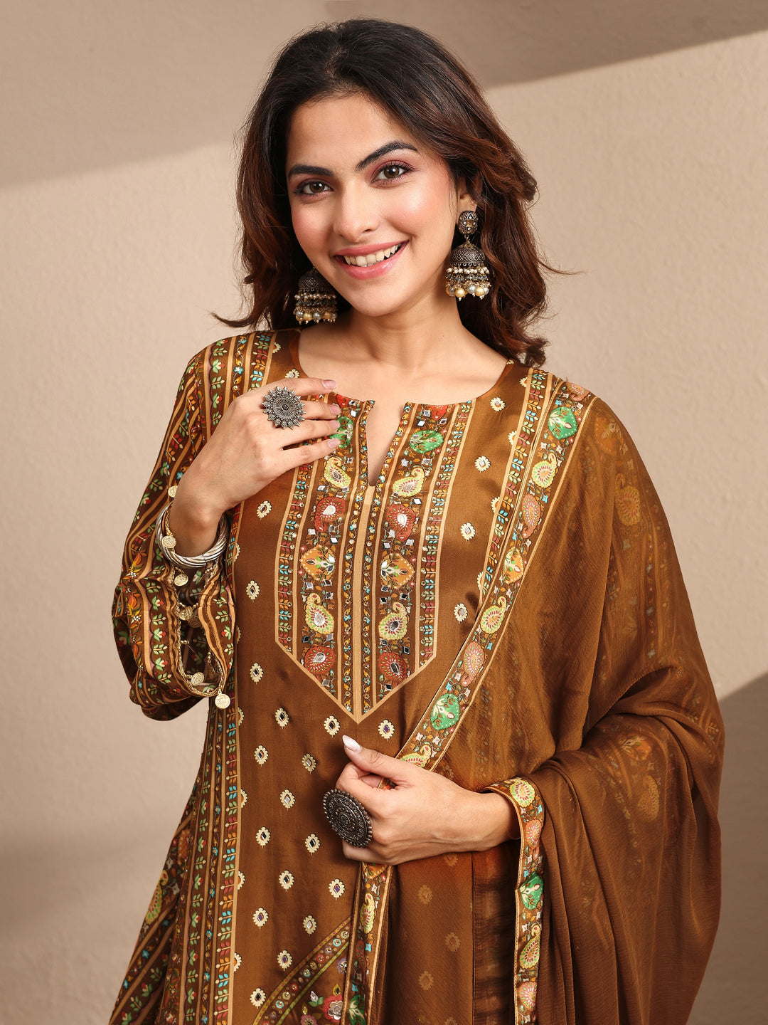 Brown Printed Crepe Straight Suit Set With Dupatta