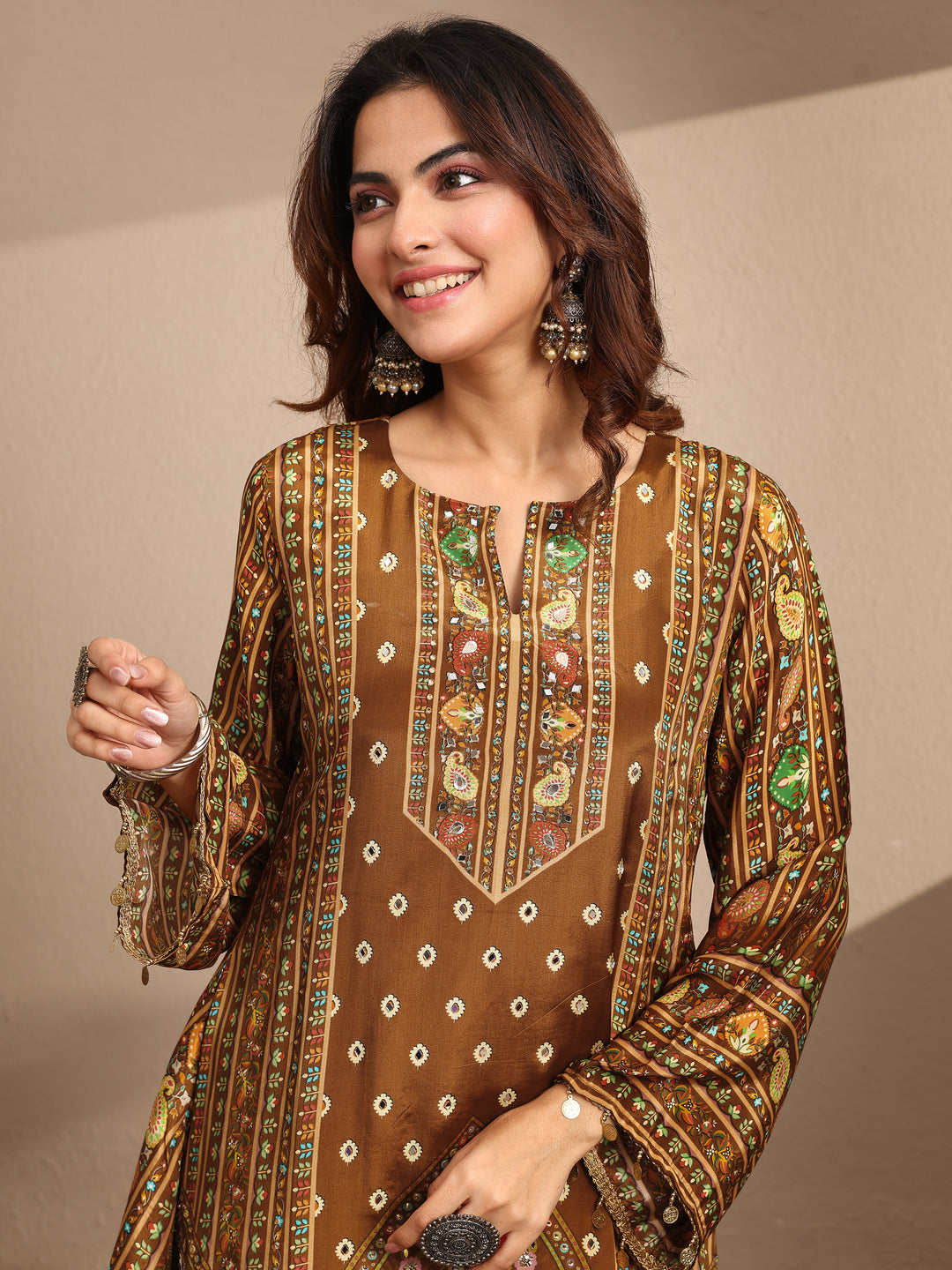 Brown Printed Crepe Straight Suit Set With Dupatta