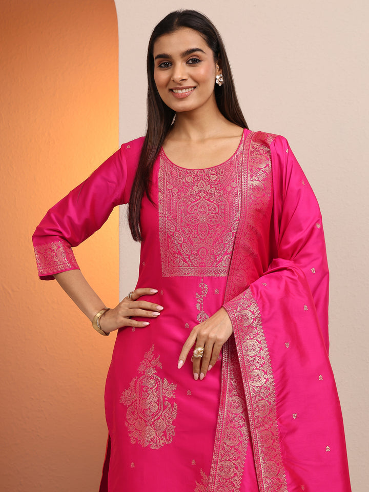 Pink Woven Design Silk blend Straight Suit Set With Dupatta