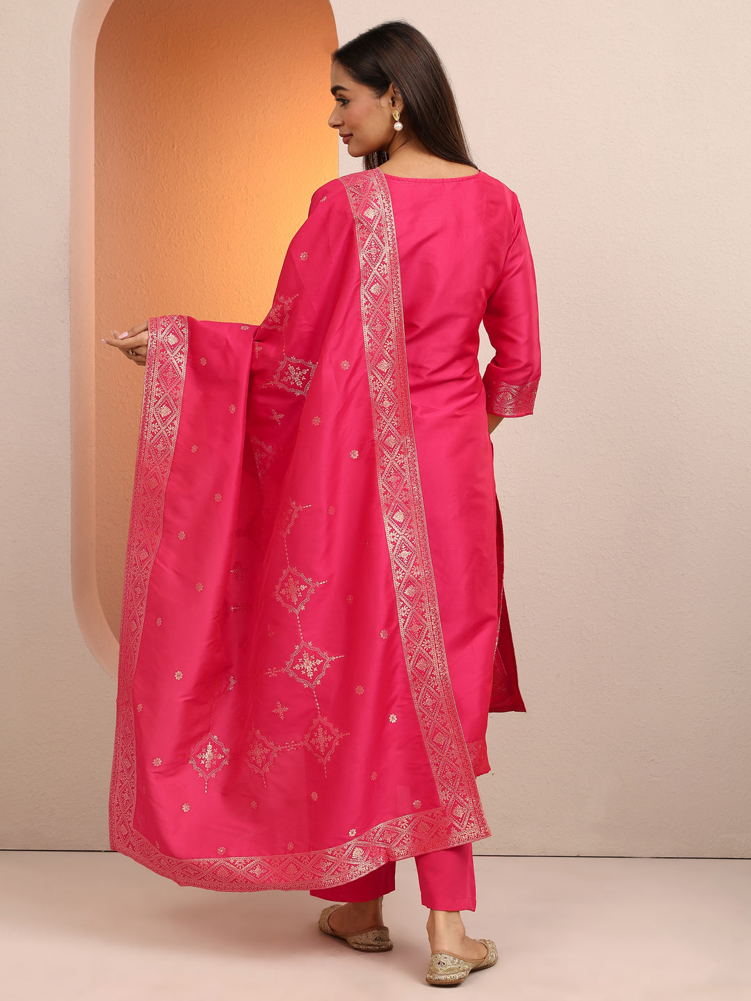 Coral Woven Design Silk Blend Straight Suit Set With Dupatta