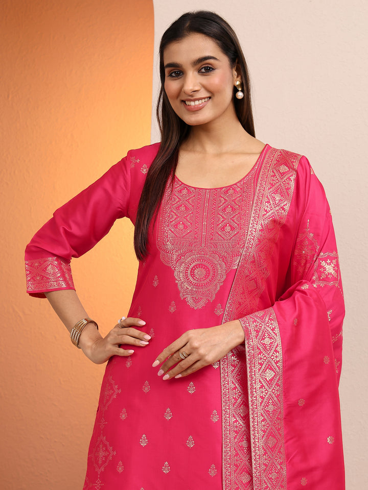 Coral Woven Design Silk Blend Straight Suit Set With Dupatta